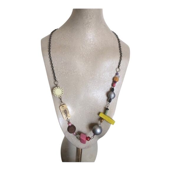 Vintage 1980’s Bohemian Multi Colors Shapes Materials Beaded Statement Necklace - Picture 9 of 9